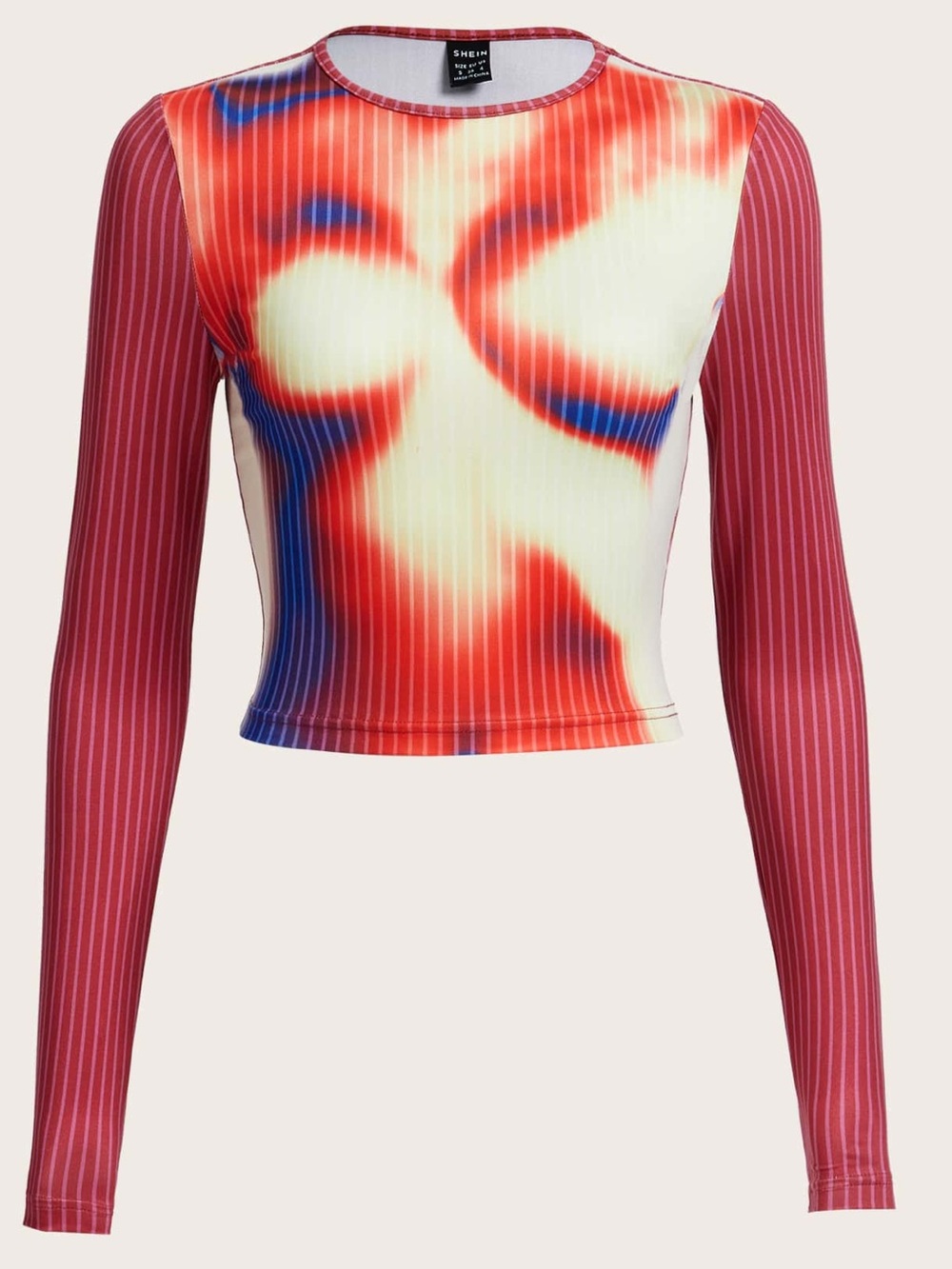 SHEIN Red, Cream & Blue Tie-Dye Ribbed Long Sleeve Crop Top